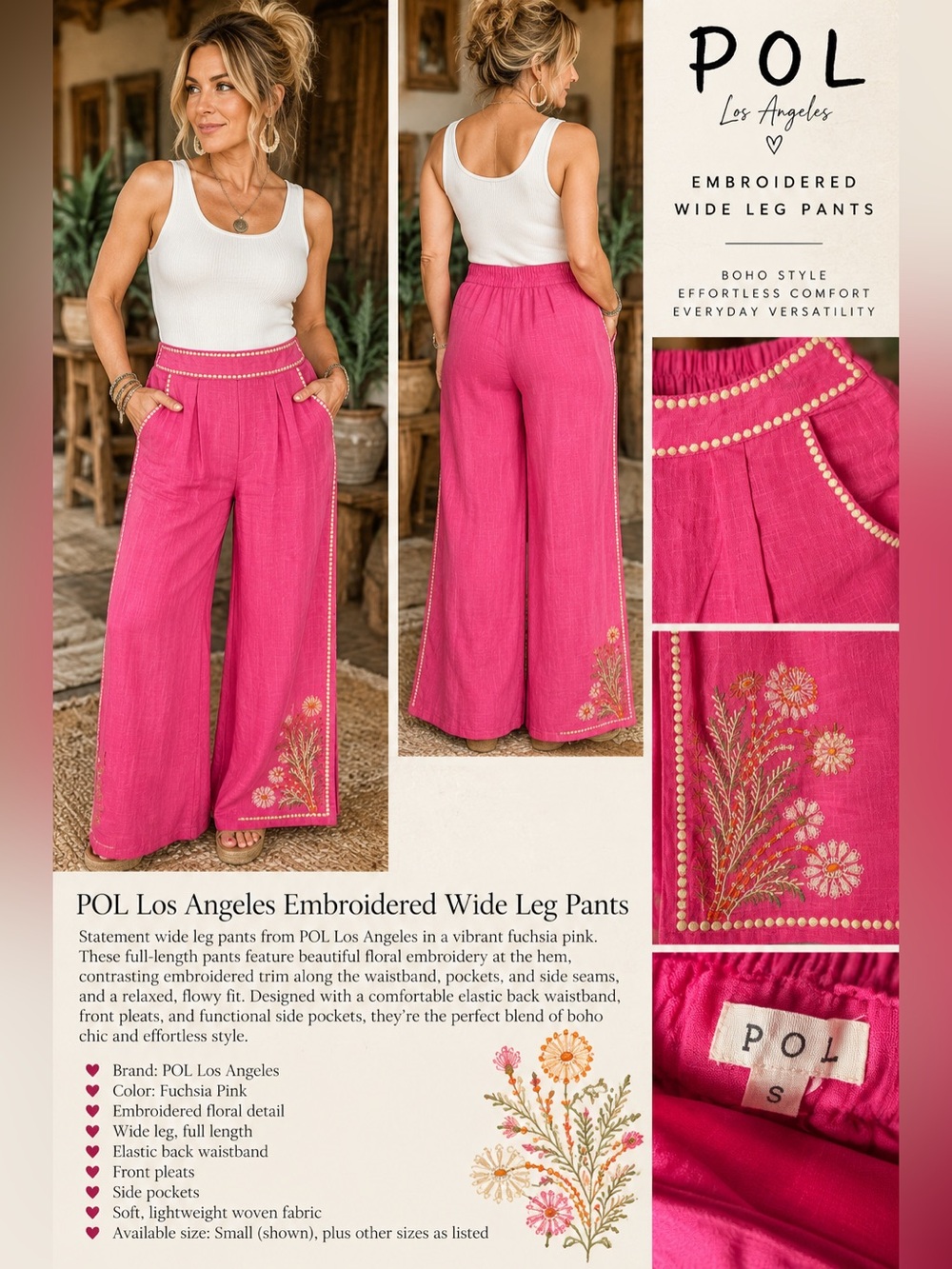 POL NWOT Fuchsia Pink Embroidered Wide Leg Pants